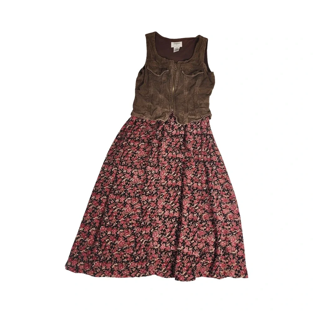 S. Roberts Vintage 90s Corduroy Floral Mixed Midi Dress Brown Pink Friends 5/6